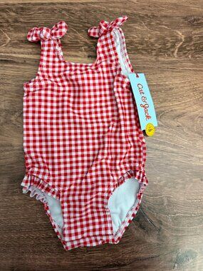 Cat & Jack Baby Girl Red Gingham One Piece Swimsuit 3-6 Months NWT